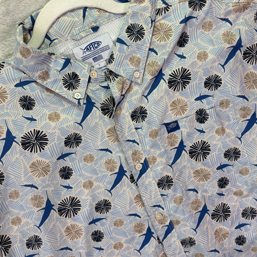 AFTCO Mens Shirt‎ Large Blue Marlin Print Short Sleeve Button Down Performance